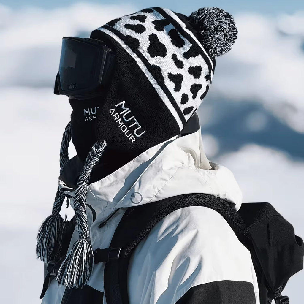 Cow Print Pompom Knit Beanie